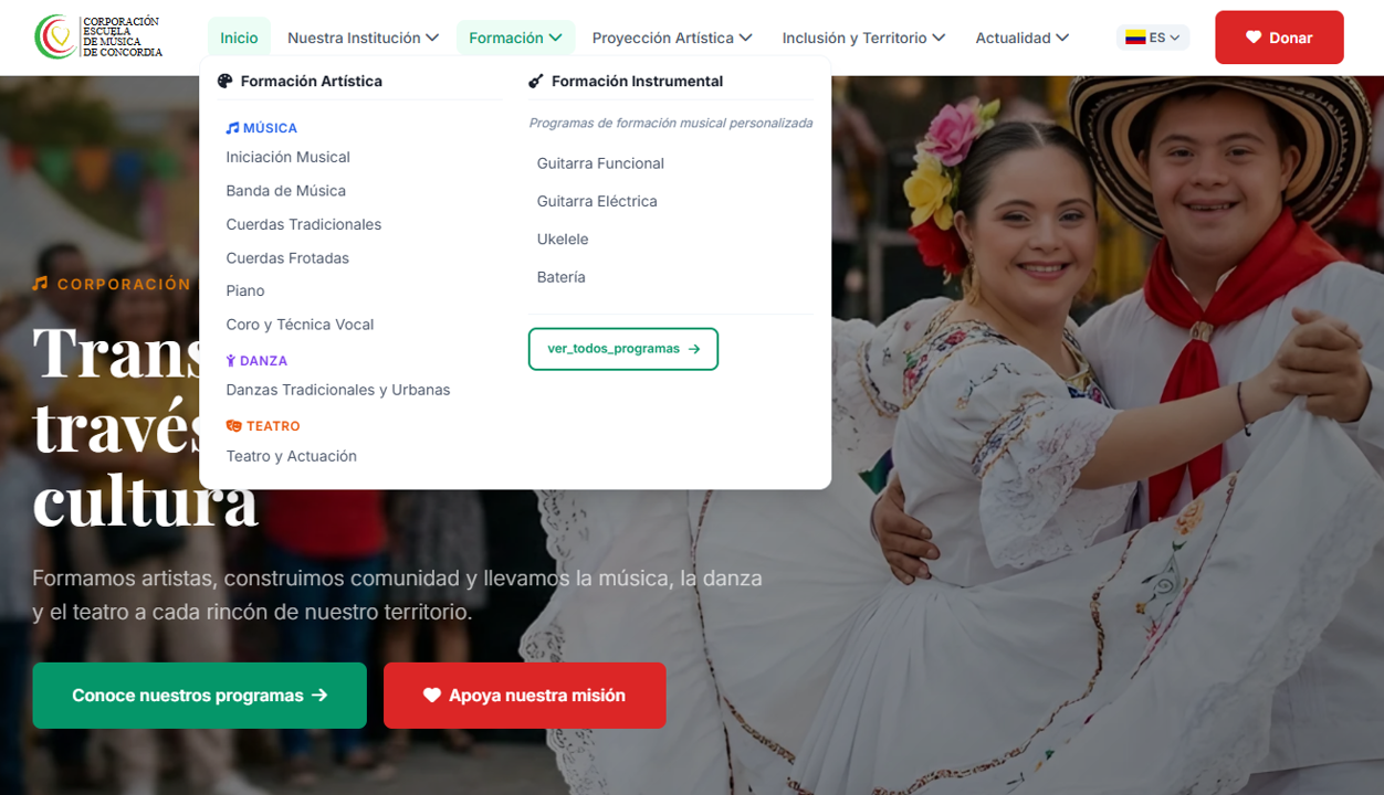 Megamenú de Formación — Formación Artística (Música, Danza, Teatro) y Formación Instrumental con todos los programas