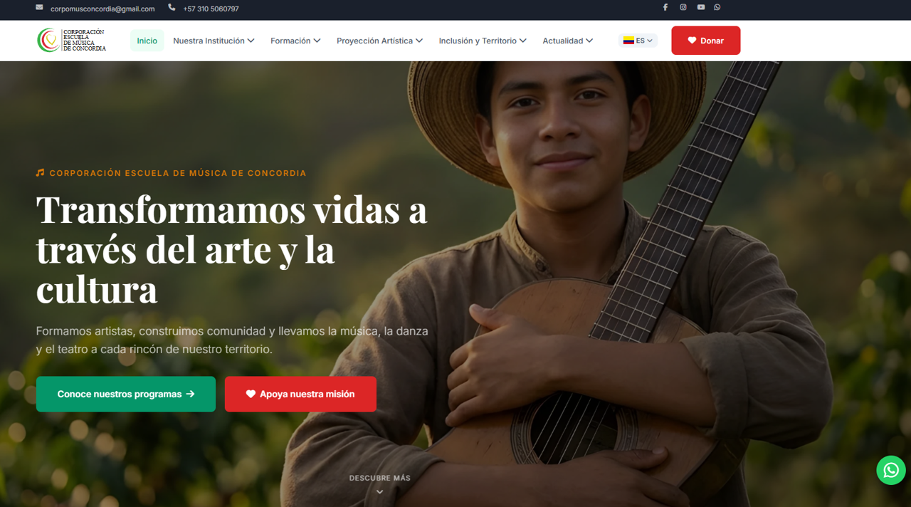 Homepage de Cormúsica — Transformamos vidas a través del arte y la cultura, hero con niño campesino tocando guitarra