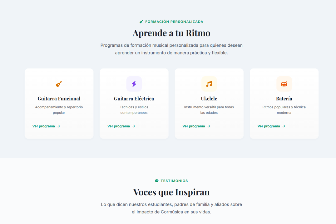 Sección Aprende a tu Ritmo (Guitarra Funcional, Eléctrica, Ukelele, Batería) y Voces que Inspiran — testimonios