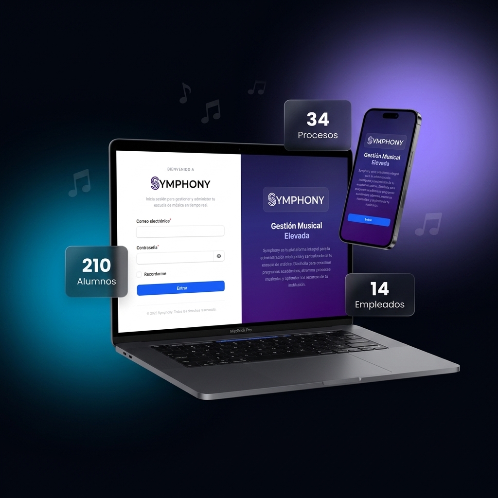 Mockup de Symphony v2.0 — plataforma de gestión para escuelas de música