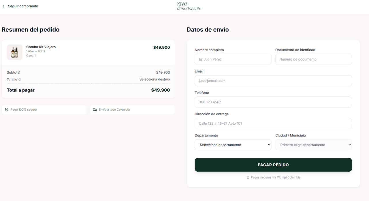 Página de checkout — Resumen del pedido, formulario de datos de envío con DIVIPOLA y pago seguro vía Wompi