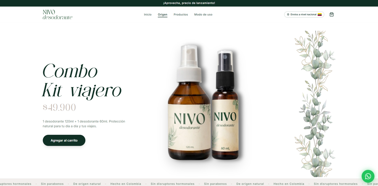 Homepage de Nivo — Combo Kit Viajero $49.900, botellas spray ámbar con diseño botánico y eucaliptos