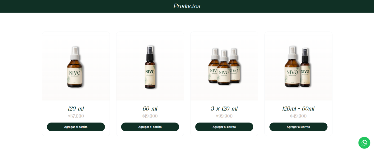 Catálogo de productos Nivo — 120ml ($37.000), 60ml ($19.000), Pack 3x ($99.900), Combo Kit Viajero ($49.900)