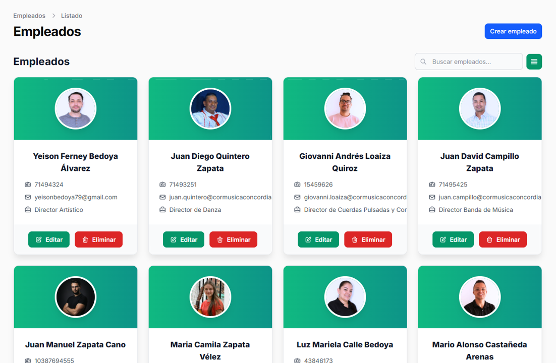 Módulo de Empleados en vista de tarjetas — directores y docentes con foto, cargo y datos de contacto