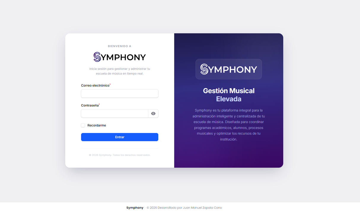 Pantalla de login de Symphony — Bienvenido a Symphony, Gestión Musical Elevada